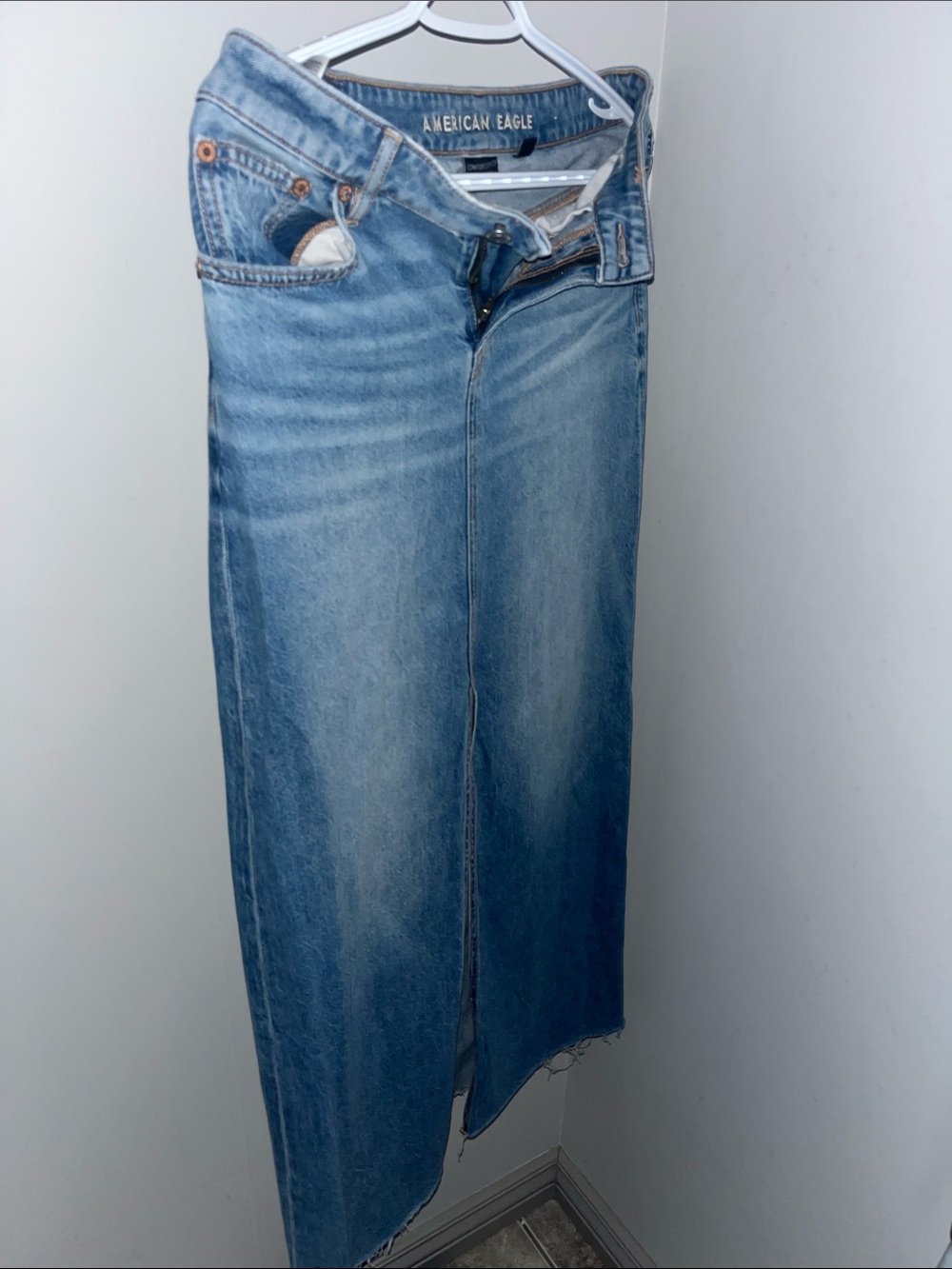American Eagle Outfitters Light Blue Denim Maxi Skirt with Front Slit